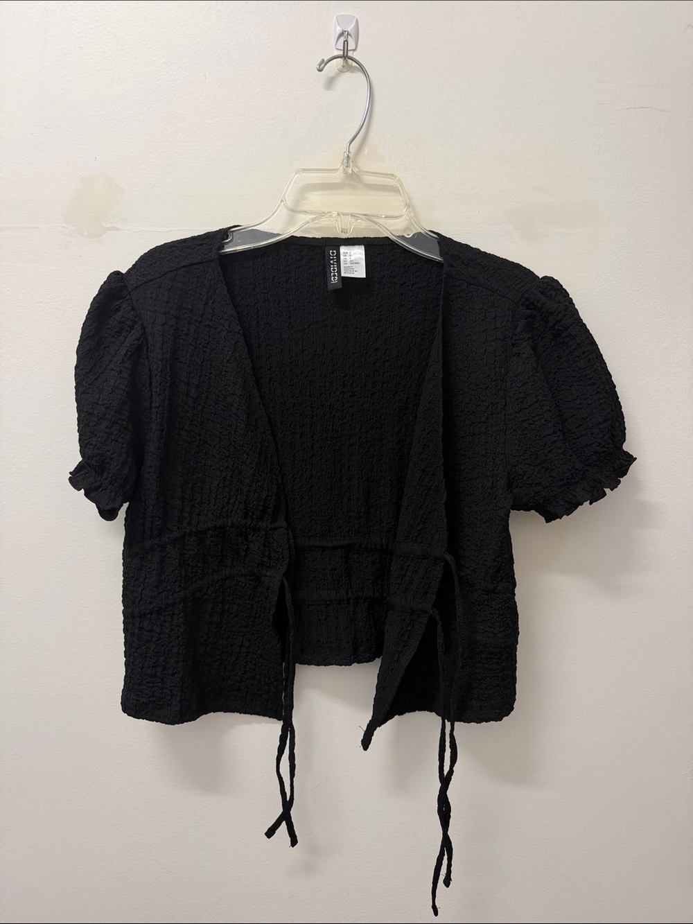 H&M Black Textured Tie-Front Puff Sleeve Top